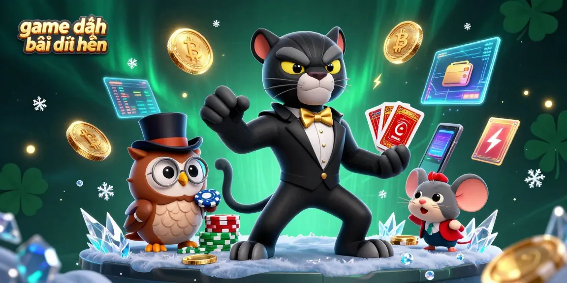 Engage in game đánh bài đổi thưởng with a stylish 3D panther dealer, an owl, and a lucky mouse.