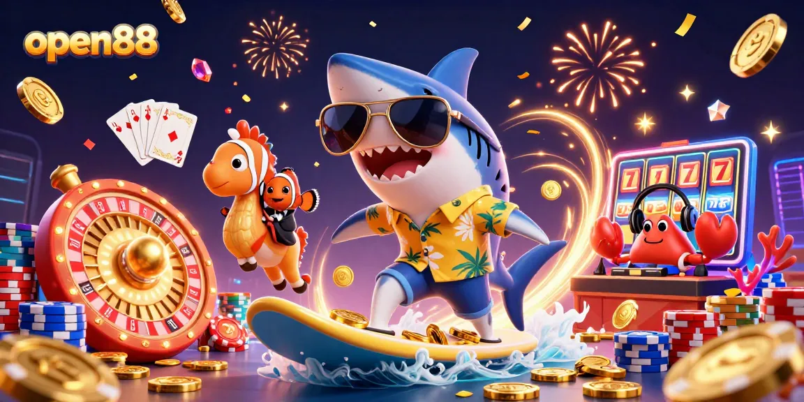 Experience the excitement at open88 with a vibrant gaming illustration featuring a shark, clownfish, and DJ.