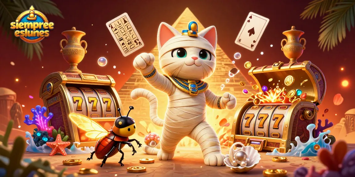 Engage in thrilling slot adventures with siempreeslunes featuring a cartoon Egyptian mummy cat and jackpot reels.