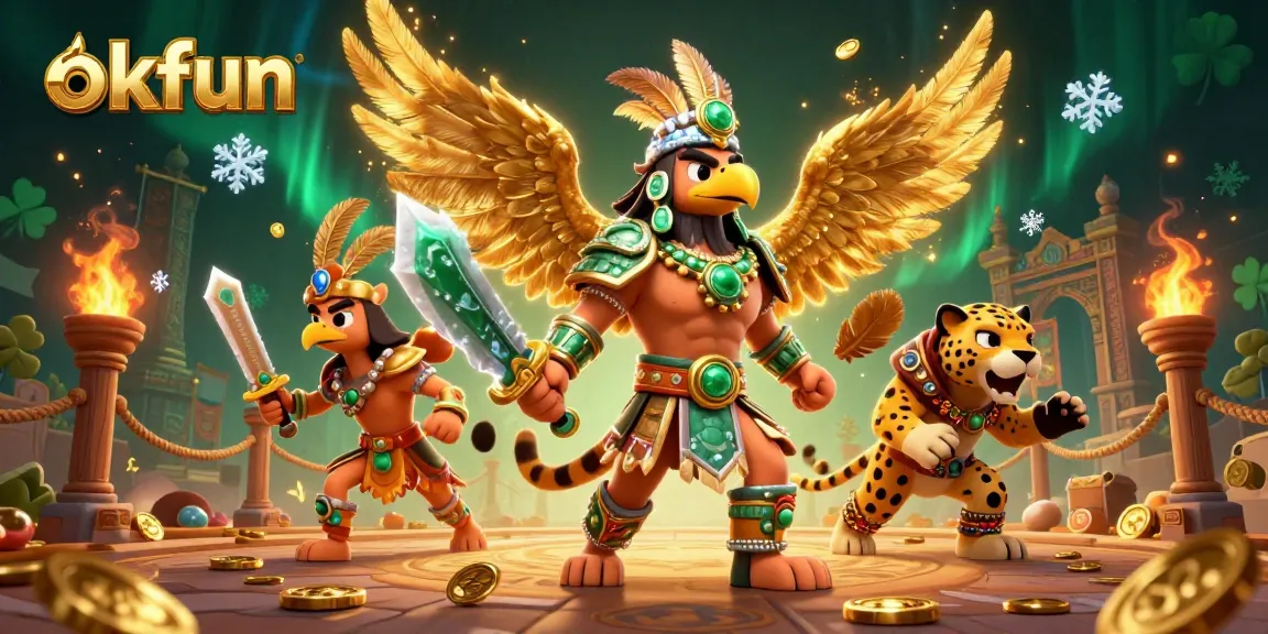 Experience okfun's thrilling gaming scene with Aztec warriors amidst vibrant casino elements.