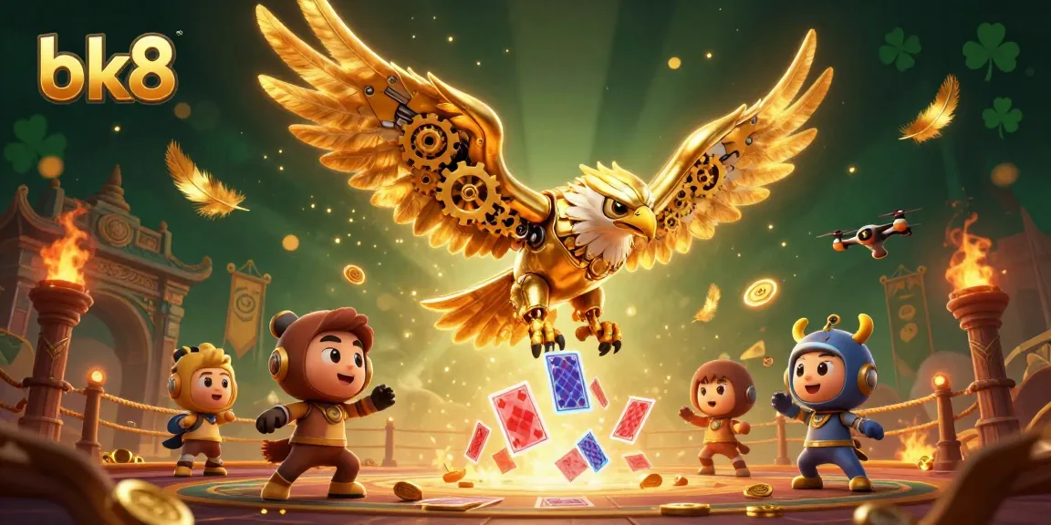 Engage in excitement with bk8 as a golden eagle soars through holographic cards in a vibrant casino scene.