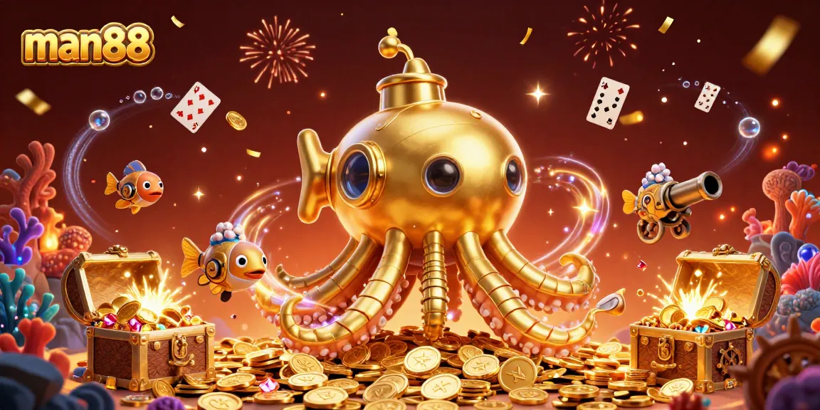 Experience thrilling wins at man88 with a vibrant illustration of a golden kraken submarine amidst treasure and excitement.