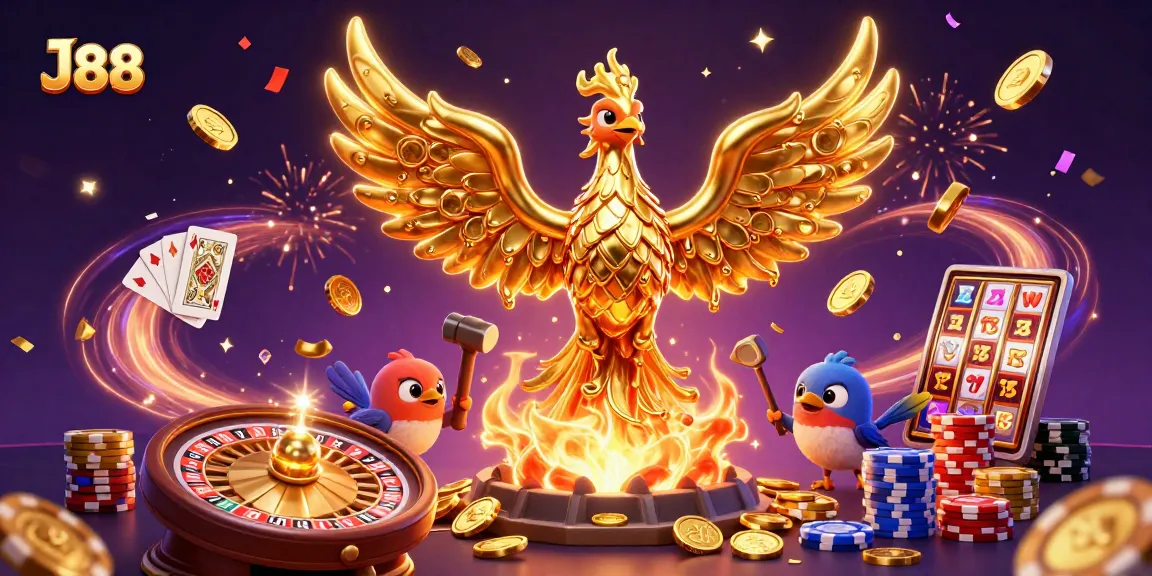Engage with J88's thrilling casino experience showcasing a molten phoenix and dynamic game elements.