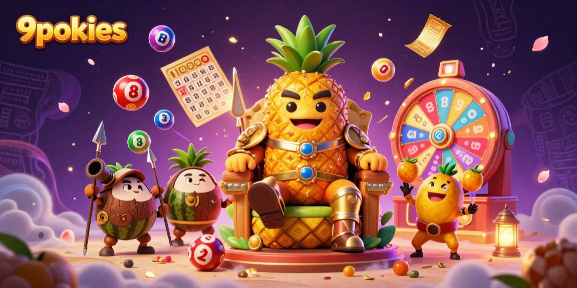 Experience the thrill of 9pokies with colorful lottery balls and a golden pineapple king in a vibrant beach casino.